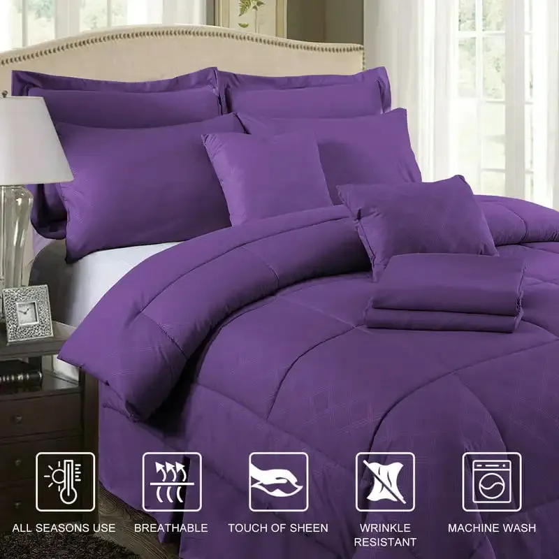 10-Piece Purple Comforter Set, Luruxy Soft Bed in a Bag Cal  Size For Adults