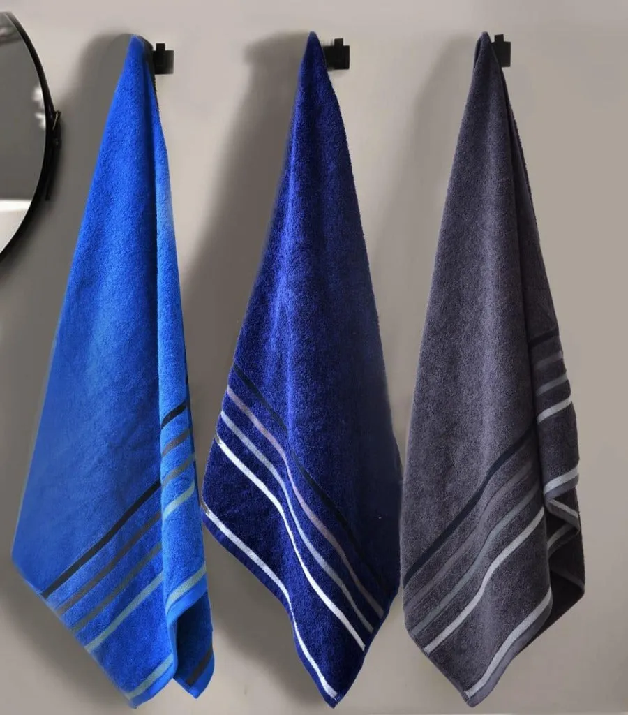 3 PCs Jacquard Stripe Bath Towels- Navy Blue  Grey  Royal Blue