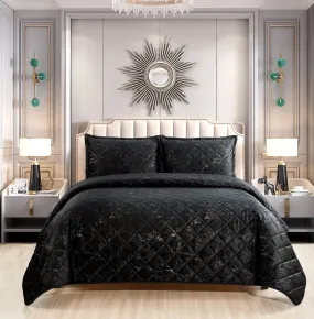 3 Piece Velvet Bedspread Set Quilted Bed Throw Marble Design Bed Set & 2 Pillow Shams (Black)