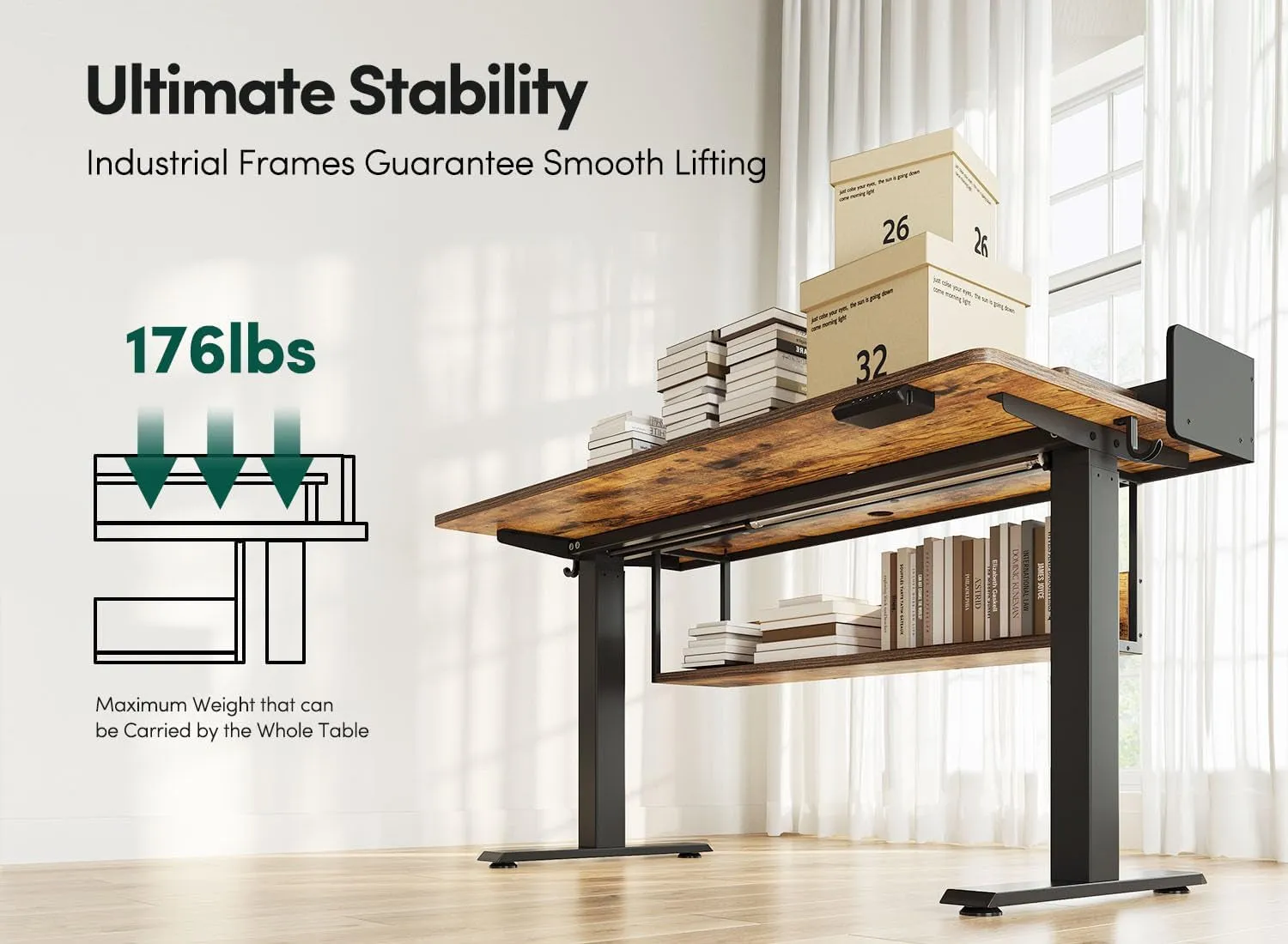 55" Electric Standing Desk with Shelves, 55 X 24 Inch Sit Stand Rising Desk with Monitor Stand