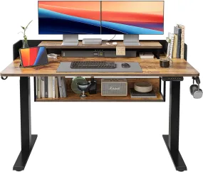 55" Electric Standing Desk with Shelves, 55 X 24 Inch Sit Stand Rising Desk with Monitor Stand