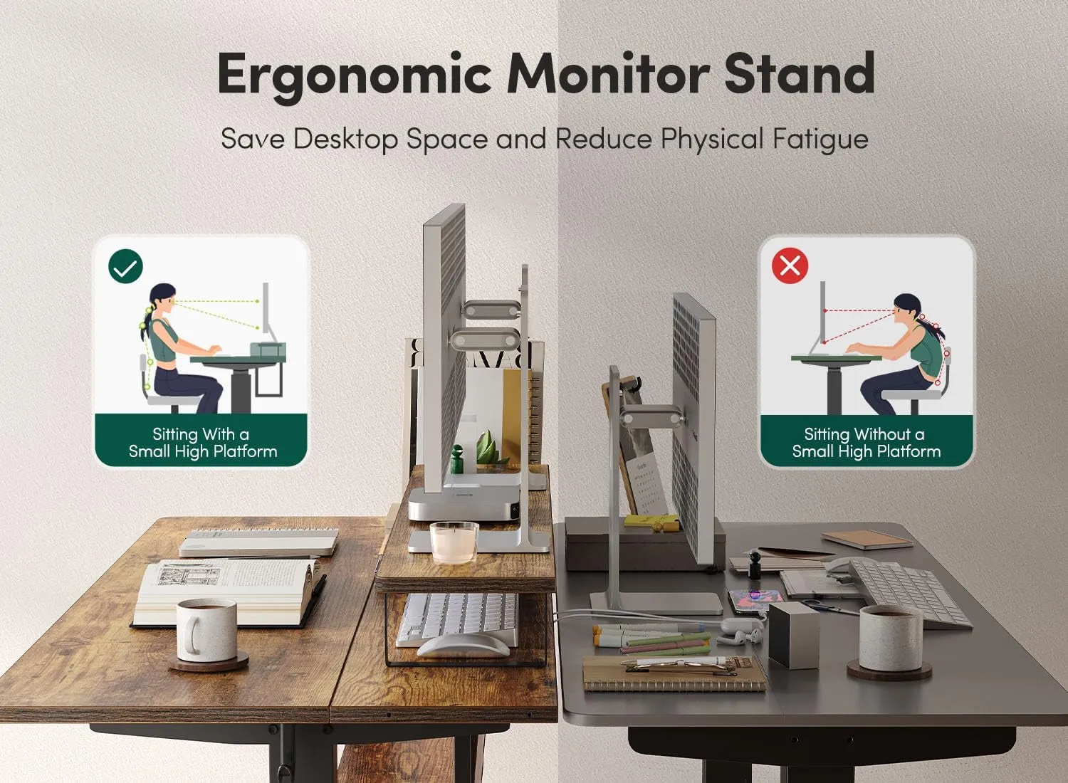 55" Electric Standing Desk with Shelves, 55 X 24 Inch Sit Stand Rising Desk with Monitor Stand