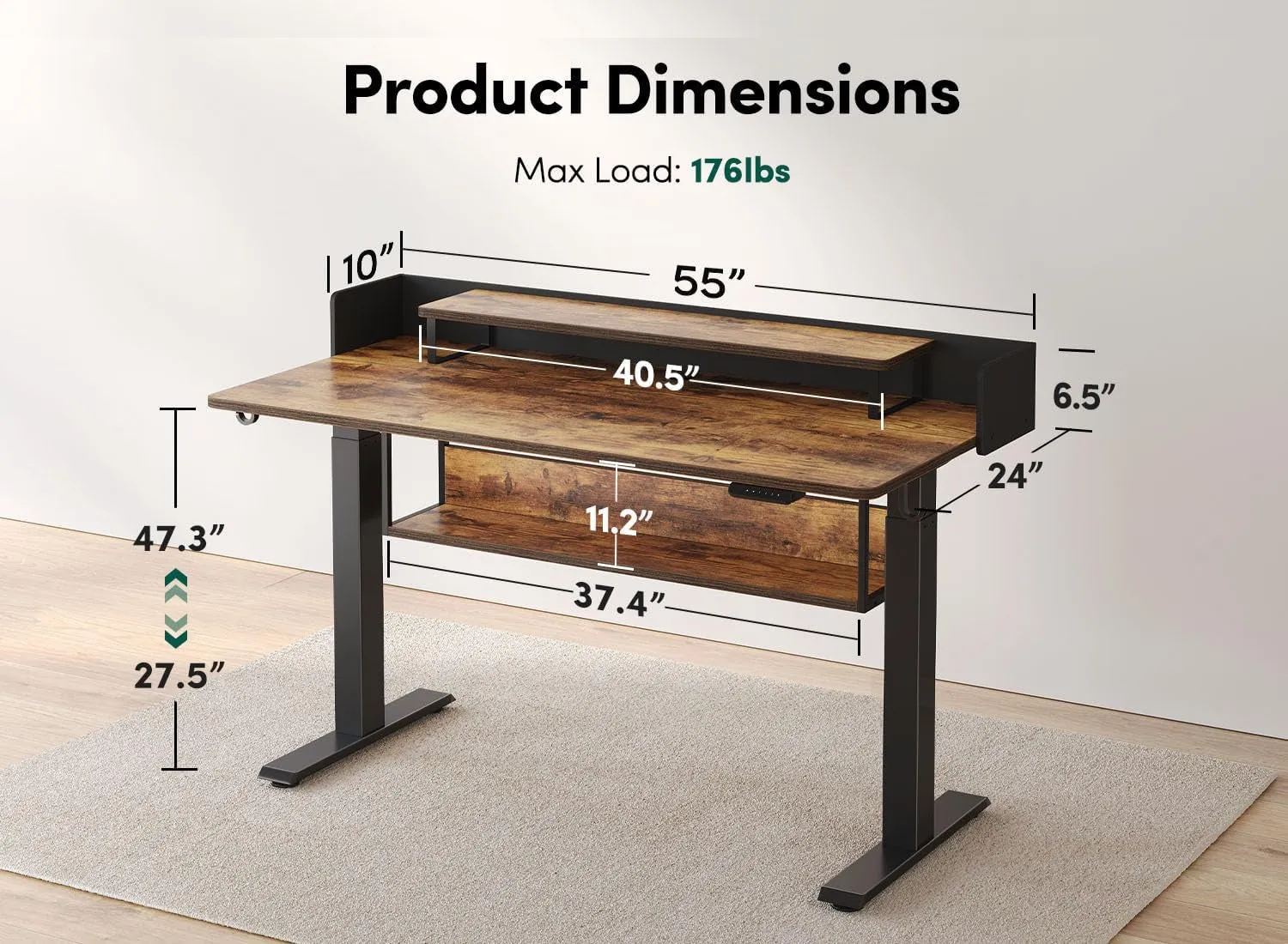 55" Electric Standing Desk with Shelves, 55 X 24 Inch Sit Stand Rising Desk with Monitor Stand