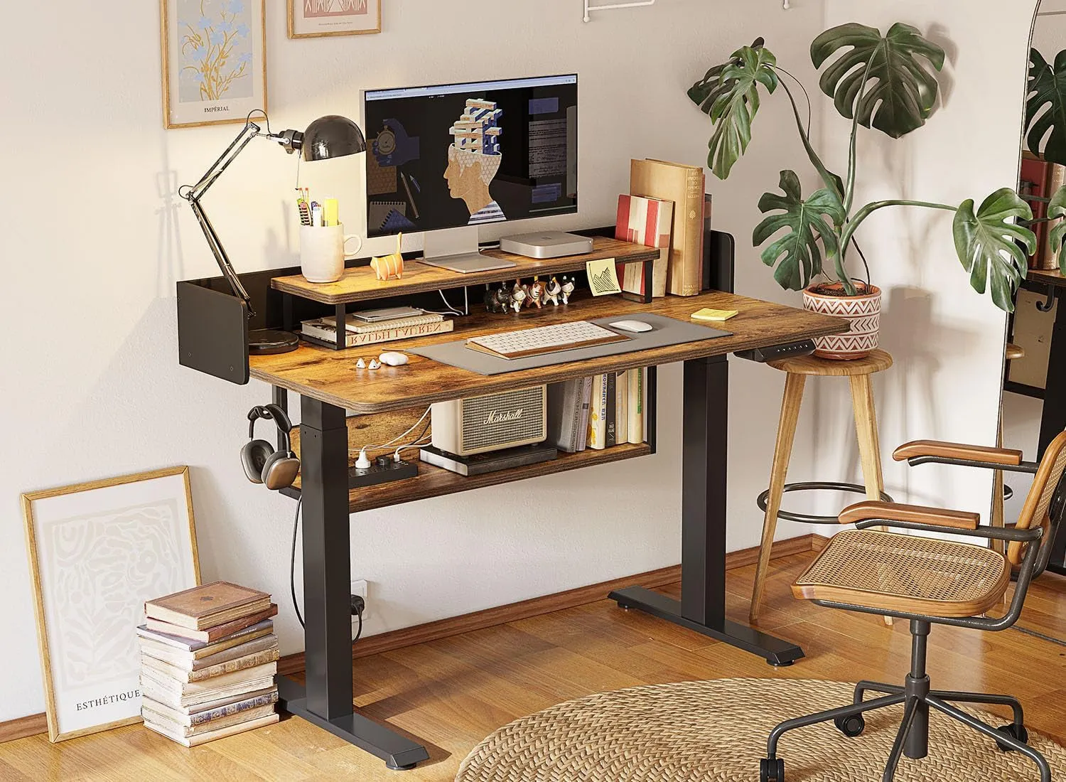 55" Electric Standing Desk with Shelves, 55 X 24 Inch Sit Stand Rising Desk with Monitor Stand