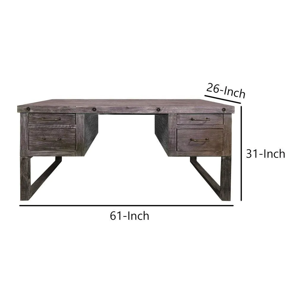 61" 4-Drawer Wooden Home Office Desk with Sled Leg Support, Distressed Brown By The Urban Port