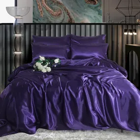 6PC Aubergine Satin Bedding Set – Duvet, Fitted Sheet & Pillow Covers