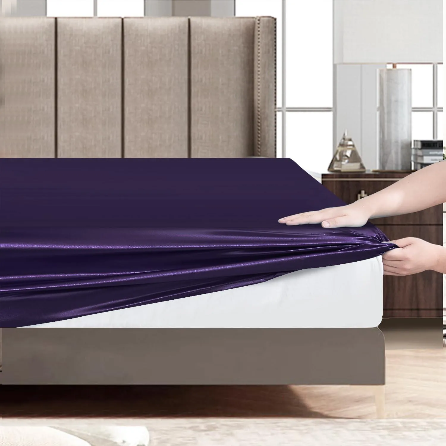 6PC Aubergine Satin Bedding Set – Duvet, Fitted Sheet & Pillow Covers