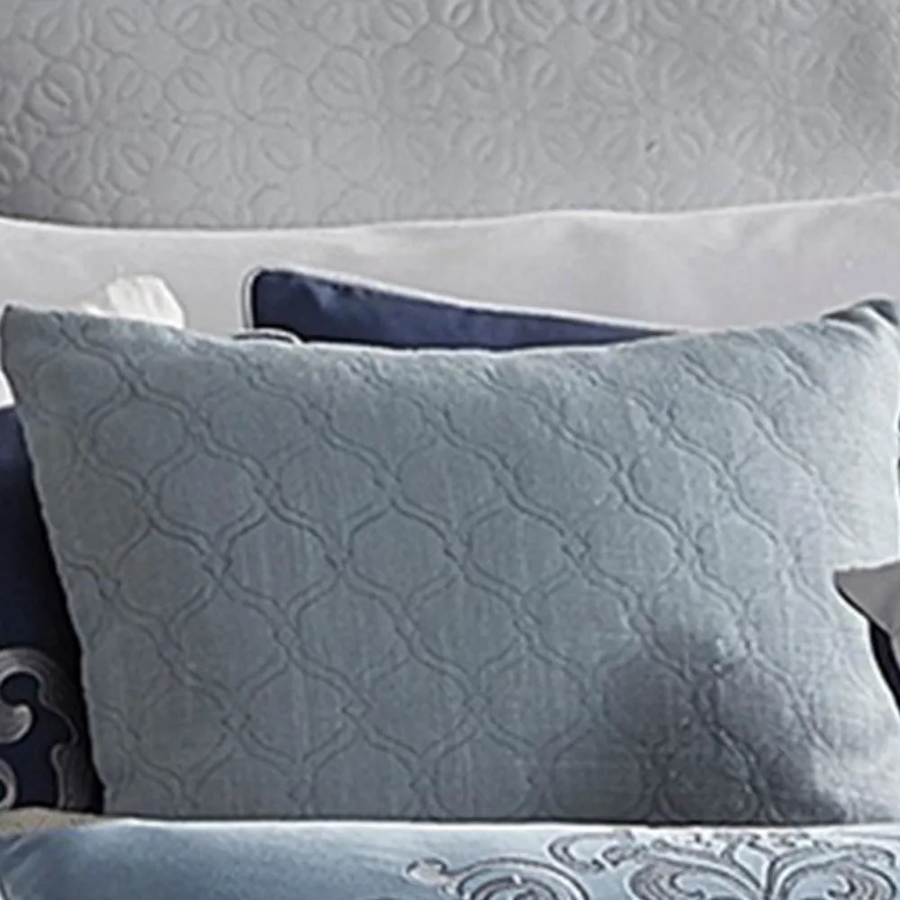 9 Piece Queen Polyester Comforter Set with Damask Prints, Blue and Gray By Casagear Home