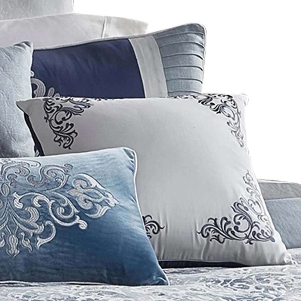 9 Piece Queen Polyester Comforter Set with Damask Prints, Blue and Gray By Casagear Home