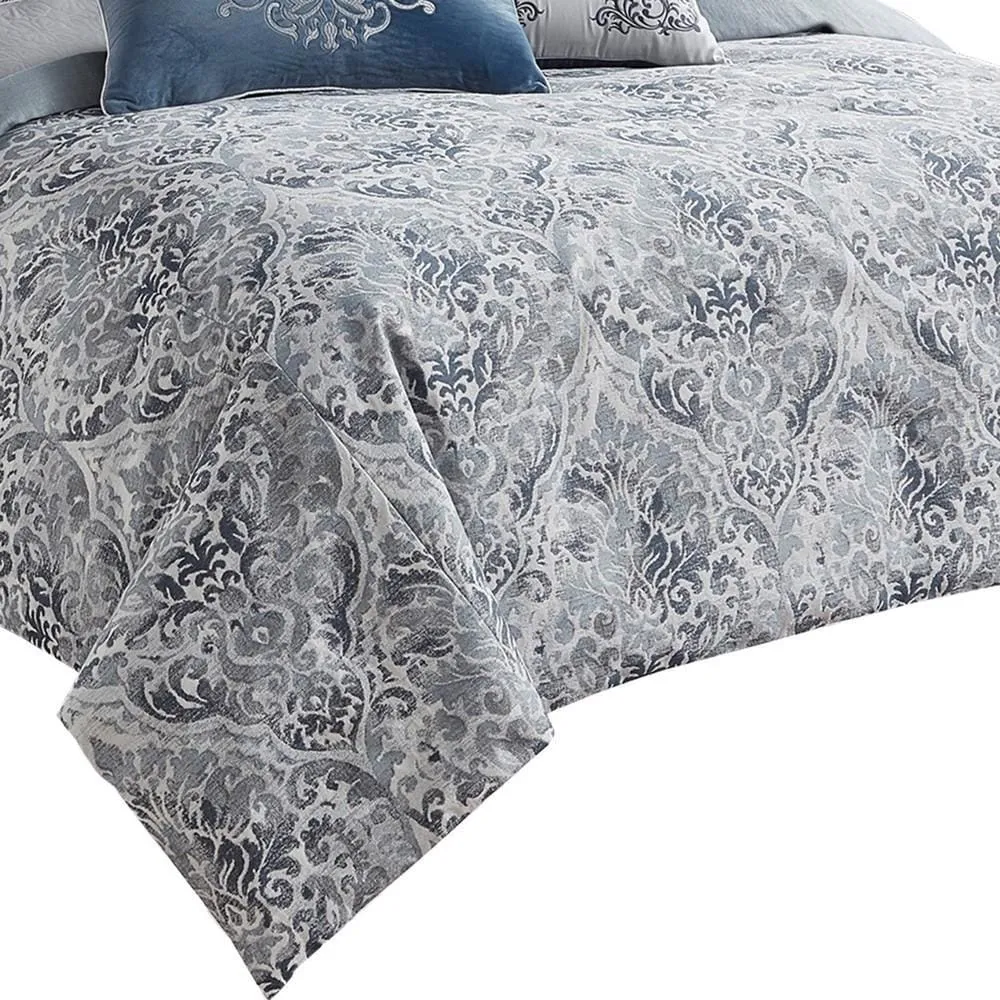 9 Piece Queen Polyester Comforter Set with Damask Prints, Blue and Gray By Casagear Home