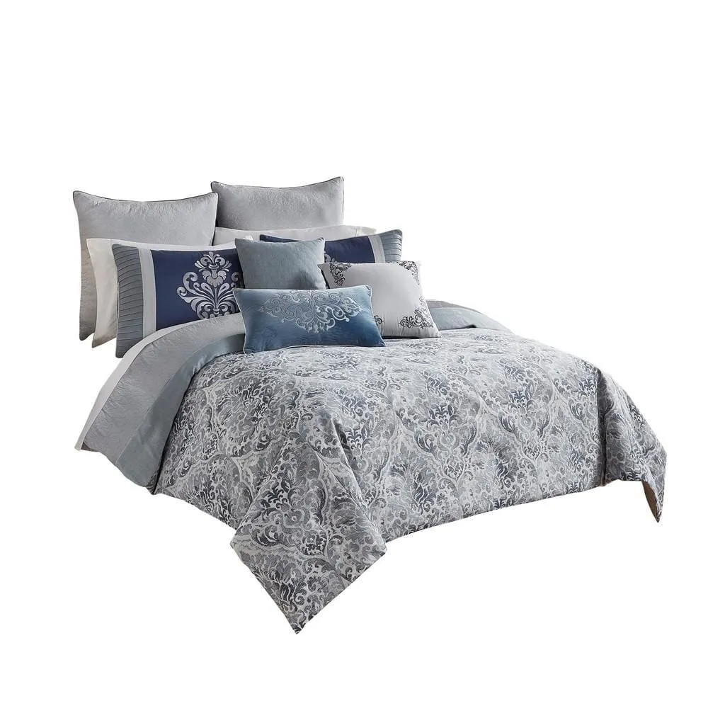 9 Piece Queen Polyester Comforter Set with Damask Prints, Blue and Gray By Casagear Home