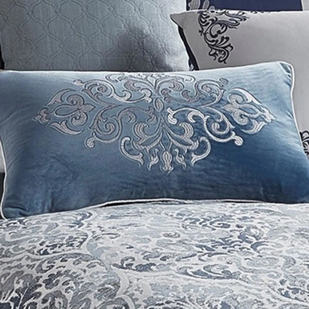 9 Piece Queen Polyester Comforter Set with Damask Prints, Blue and Gray By Casagear Home