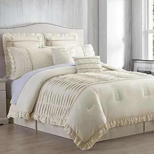 Amrapur Overseas Antonella 8-Piece Pleated Comforter Set, Queen, Beige