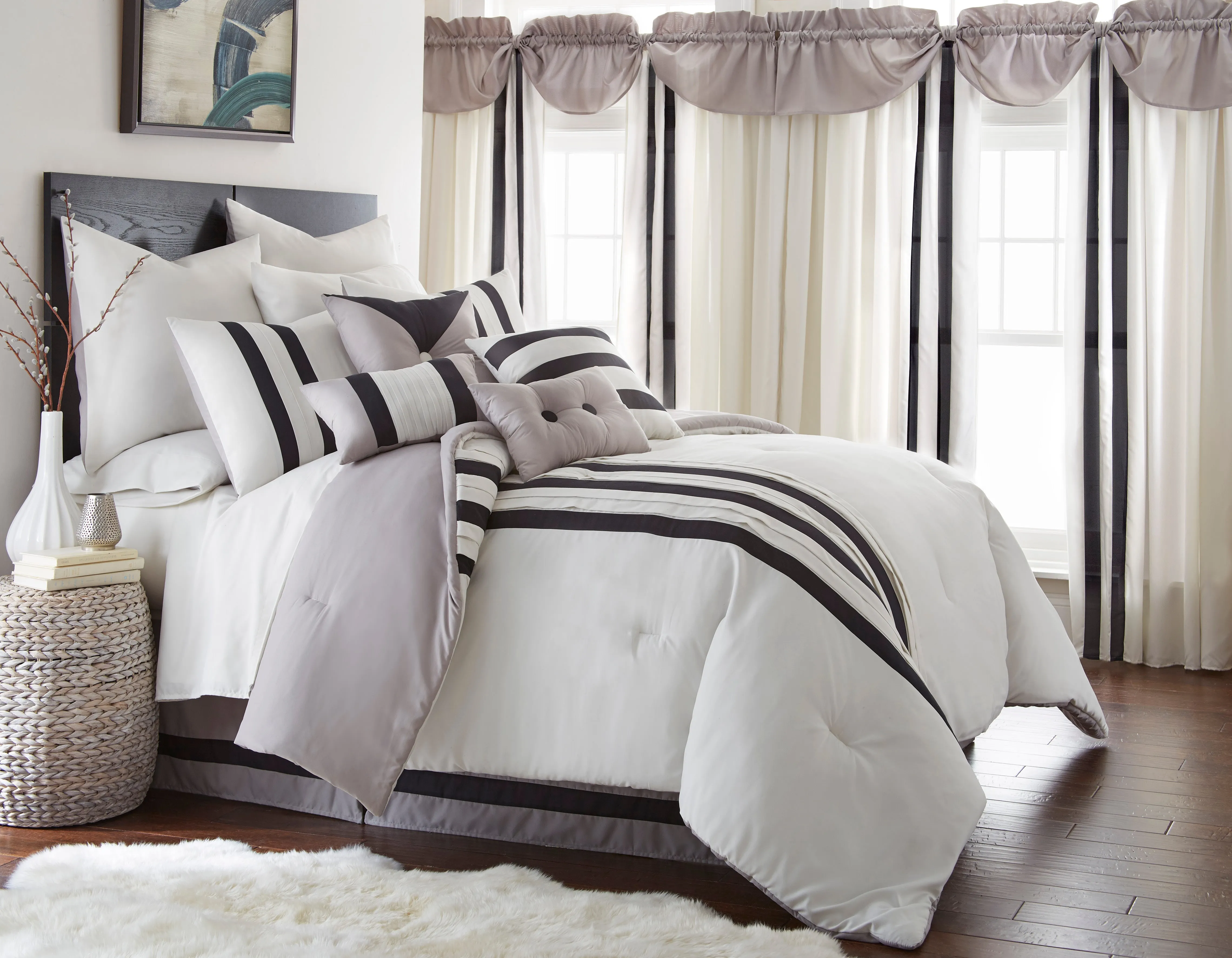 Angers 24 Piece King Size Polyester Comforter Set The Urban Port, White and Black