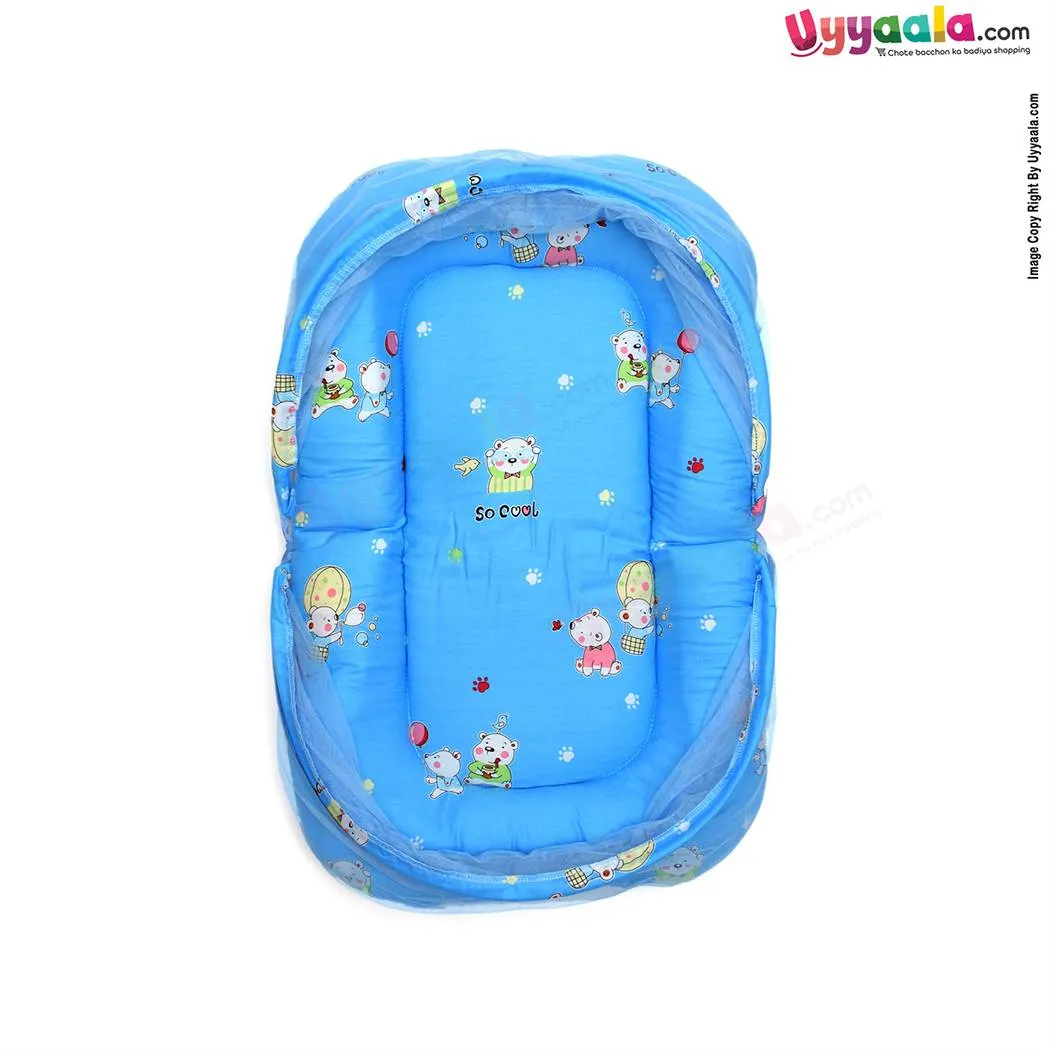 Baby Bedding Set with Mosquito Protection Net & Pillow Cotton, Bear print 0 to 12m Age, Blue