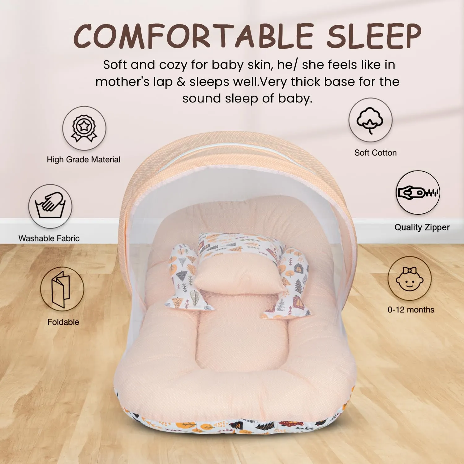 Baybee Baby Bedding Set for New Born Baby, Bed Mattress with Mosquito Net, Zip, Neck Pillow & 2 Bolsters