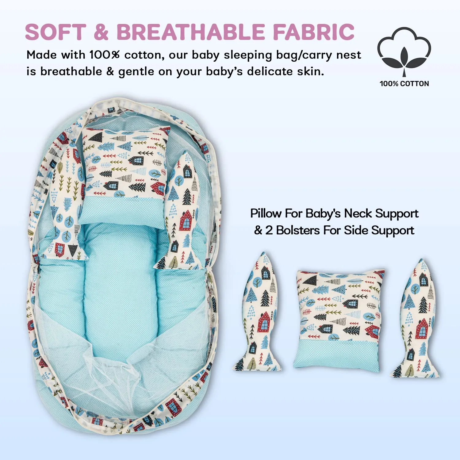 Baybee Baby Bedding Set for New Born Baby, Bed Mattress with Mosquito Net, Zip, Neck Pillow & 2 Bolsters