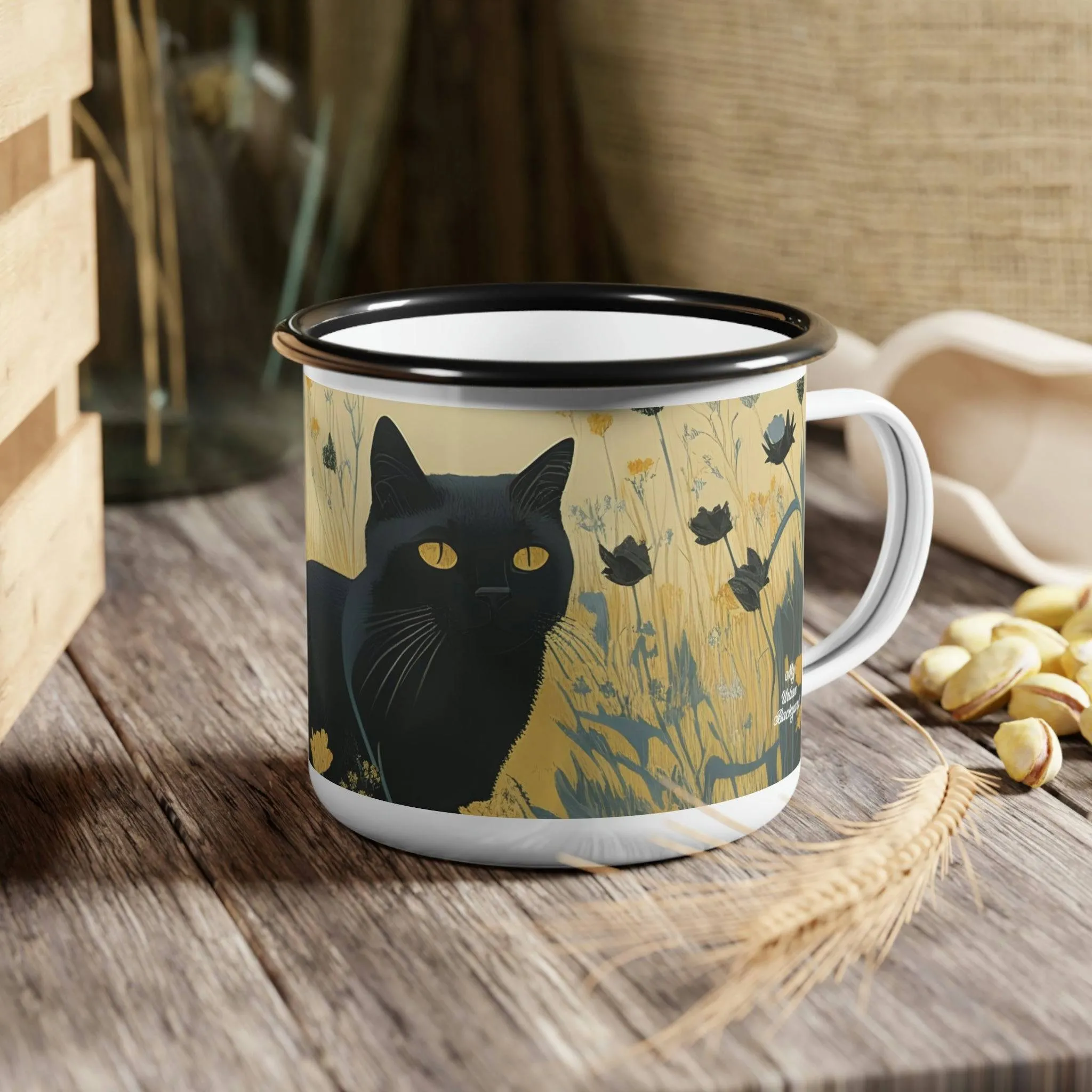 Black Cat with Black Flowers, Enamel Camping Mug for Coffee, Tea, Cocoa, or Cereal - 12oz