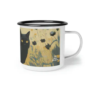 Black Cat with Black Flowers, Enamel Camping Mug for Coffee, Tea, Cocoa, or Cereal - 12oz