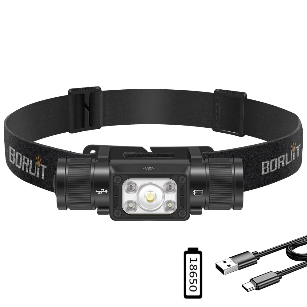 BORUiT HP350 LED Headlamp Type-C Rechargesble 18650 Headlight Waterproof Emergency Lantern Camping Fishing Powerful Head Torch