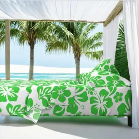 Bright Lime Green Hawaiian Flowers on White Sheet Set from Surfer Bedding™️ Medium Scale