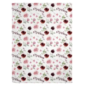 Burgundy Blush Floral Personalized Minky Blanket (Plush Minky)