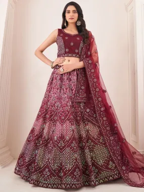 Burgundy Net Partywear Lehenga Choli