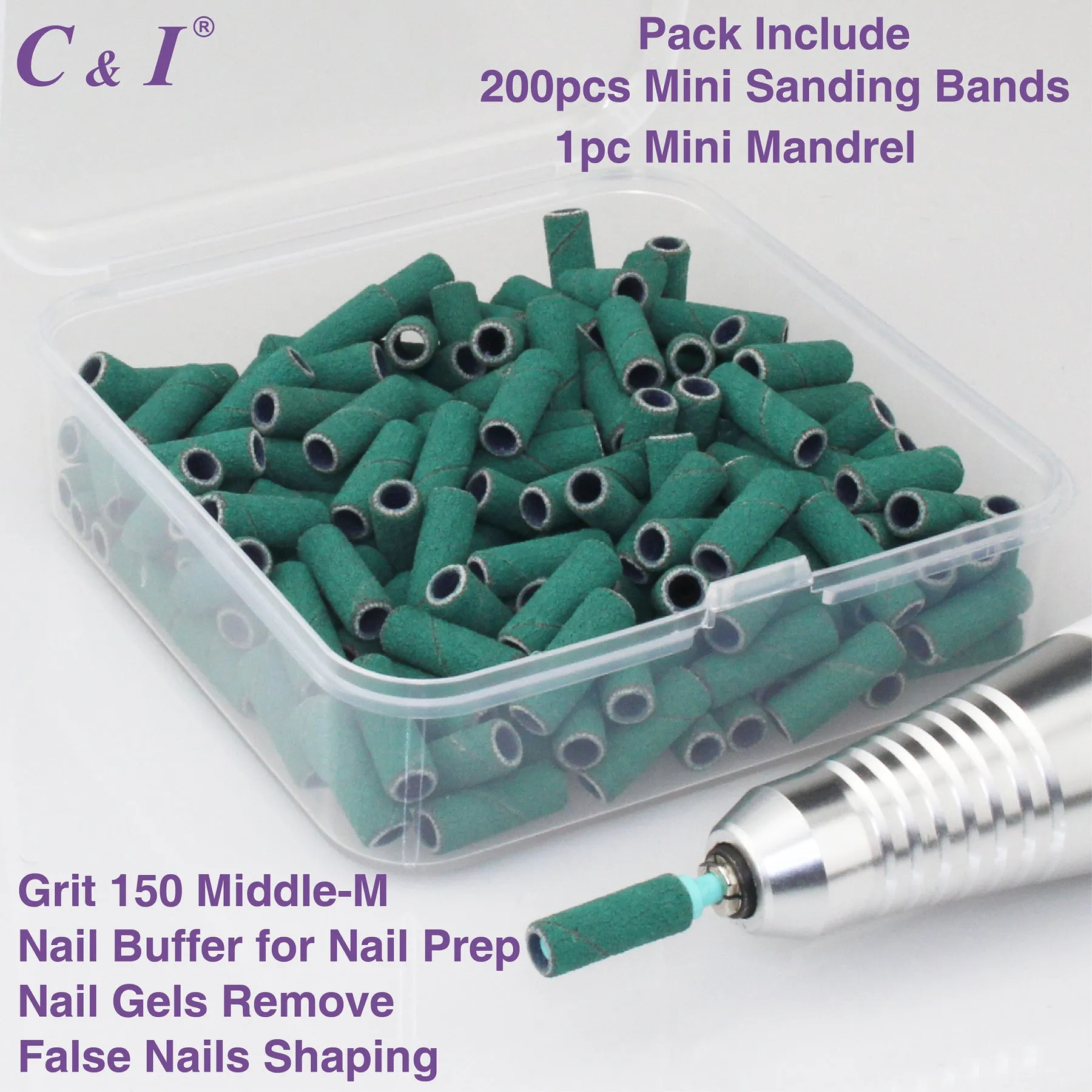 C & I Nail Drill Bit Set Small Sanding Bands 200pcs & Slim Mandrel 1pc Acrylic Gel Nail File Fake Nails Shaping Cuticle Care Nail Prep Efile Nail Supplies for Nail Techs