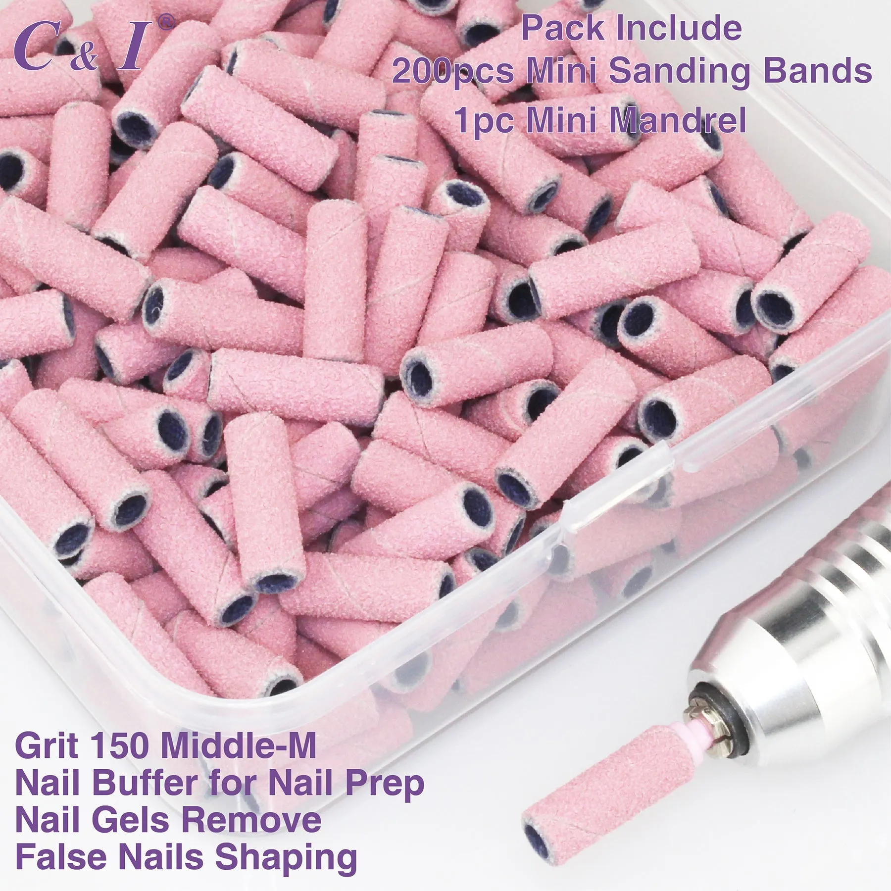 C & I Nail Drill Bit Set Small Sanding Bands 200pcs & Slim Mandrel 1pc Acrylic Gel Nail File Fake Nails Shaping Cuticle Care Nail Prep Efile Nail Supplies for Nail Techs