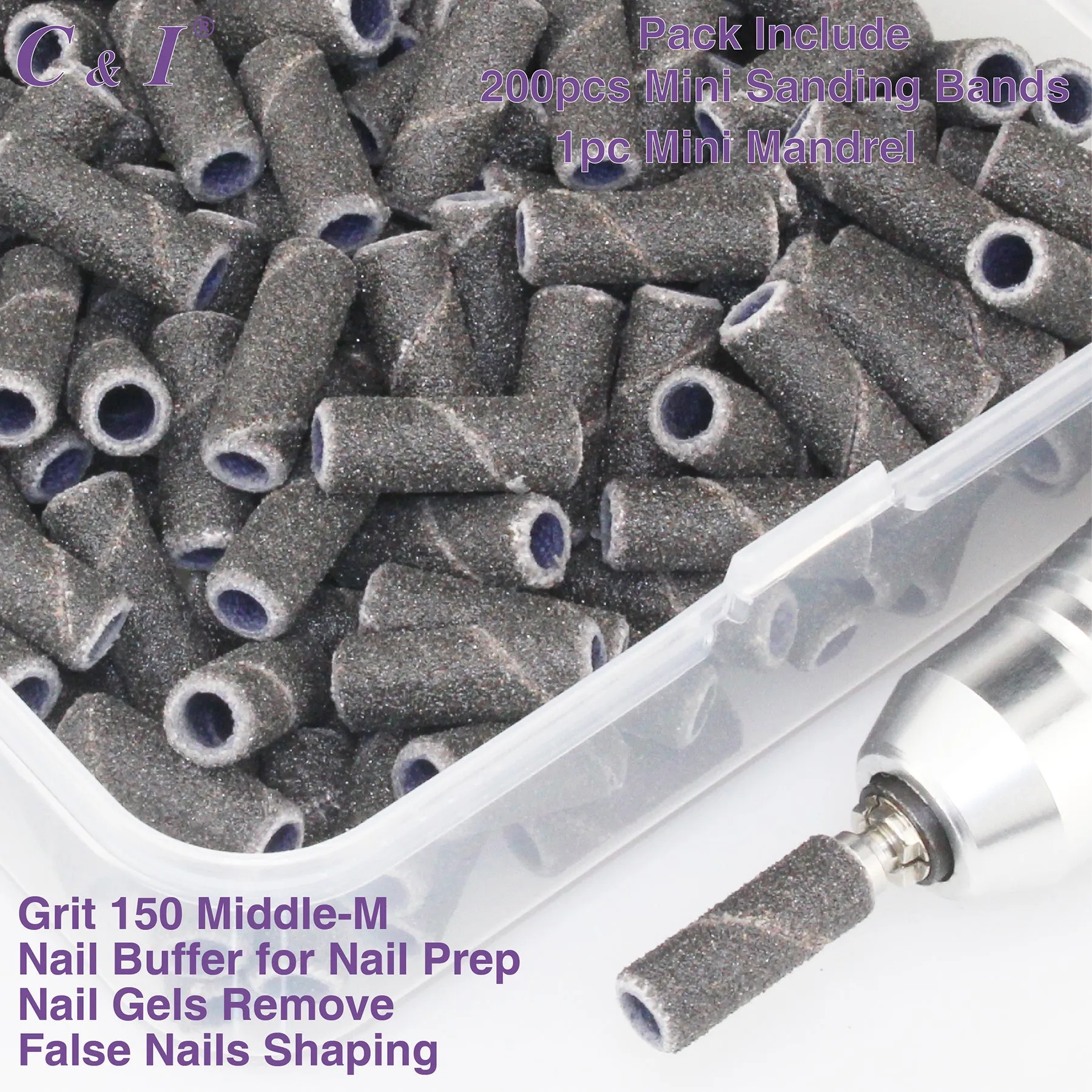 C & I Nail Drill Bit Set Small Sanding Bands 200pcs & Slim Mandrel 1pc Acrylic Gel Nail File Fake Nails Shaping Cuticle Care Nail Prep Efile Nail Supplies for Nail Techs