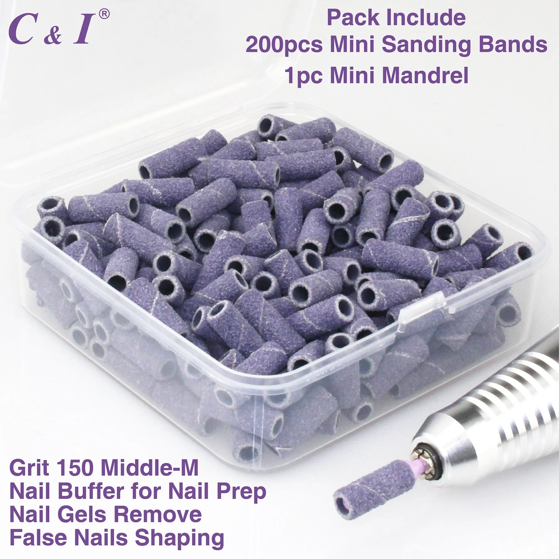 C & I Nail Drill Bit Set Small Sanding Bands 200pcs & Slim Mandrel 1pc Acrylic Gel Nail File Fake Nails Shaping Cuticle Care Nail Prep Efile Nail Supplies for Nail Techs