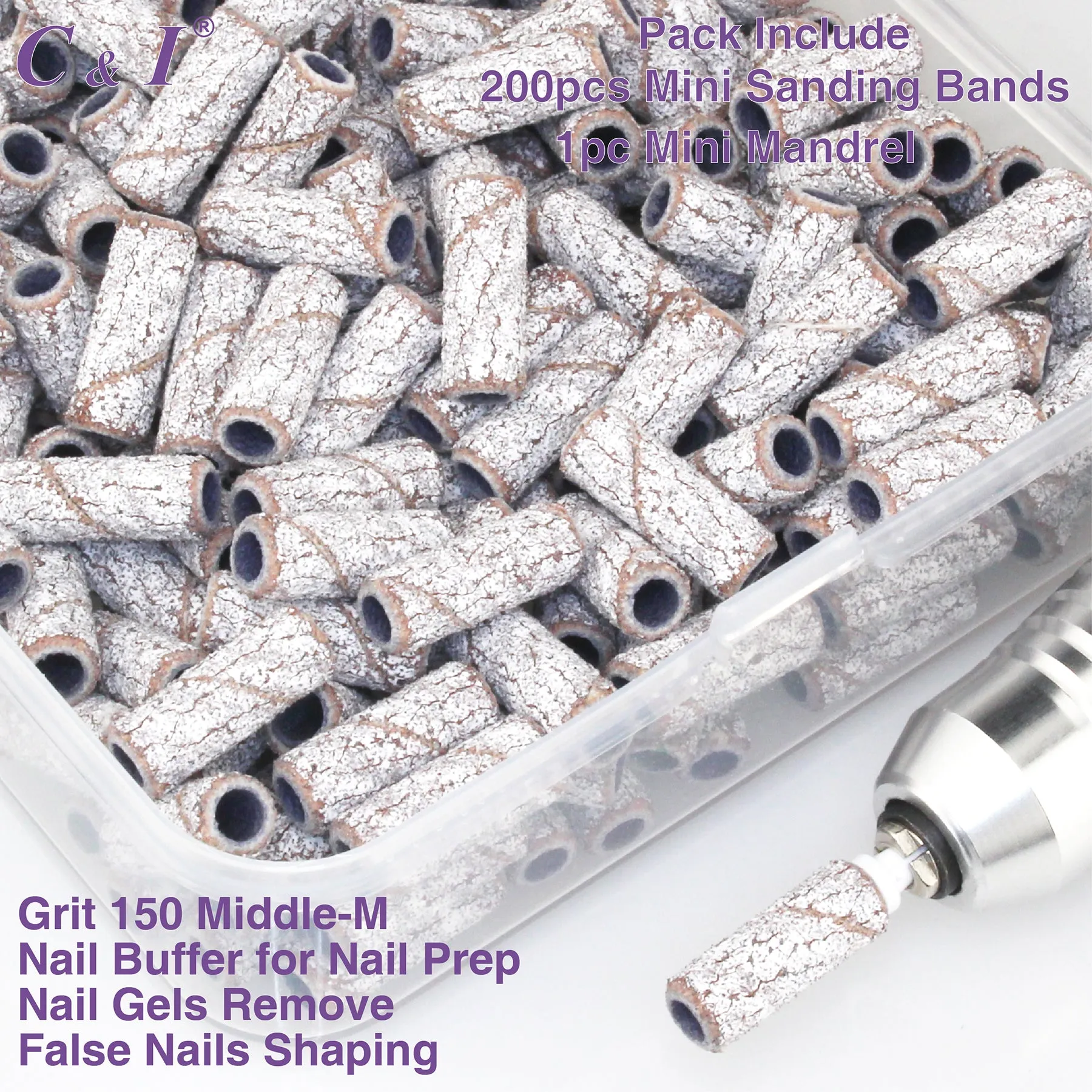 C & I Nail Drill Bit Set Small Sanding Bands 200pcs & Slim Mandrel 1pc Acrylic Gel Nail File Fake Nails Shaping Cuticle Care Nail Prep Efile Nail Supplies for Nail Techs