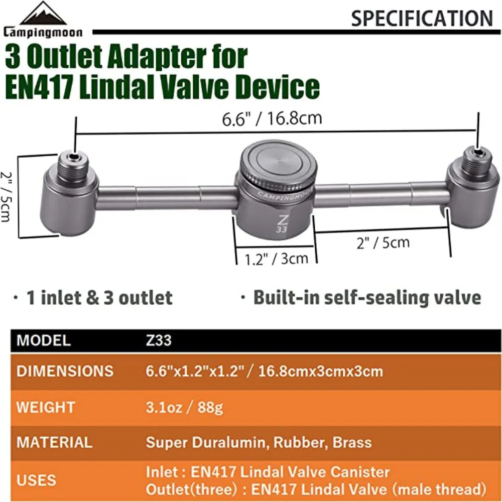 Campingmoon Camping Lantern 3 Outlet Adapter for EN417 Lindal Valve Canister Device Camping Lantern