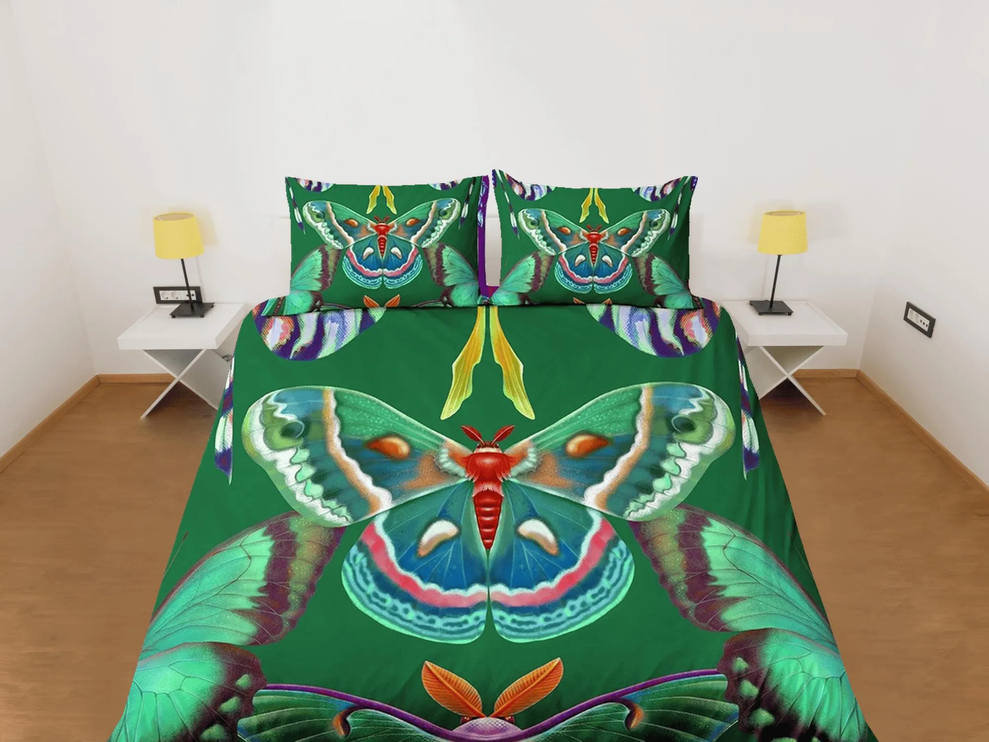 Celestial luna moth green bedding, witchy decor dorm bedding, aesthetic duvet, boho bedding set full king queen, astrology gifts, gothic art