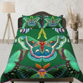 Celestial luna moth green bedding, witchy decor dorm bedding, aesthetic duvet, boho bedding set full king queen, astrology gifts, gothic art