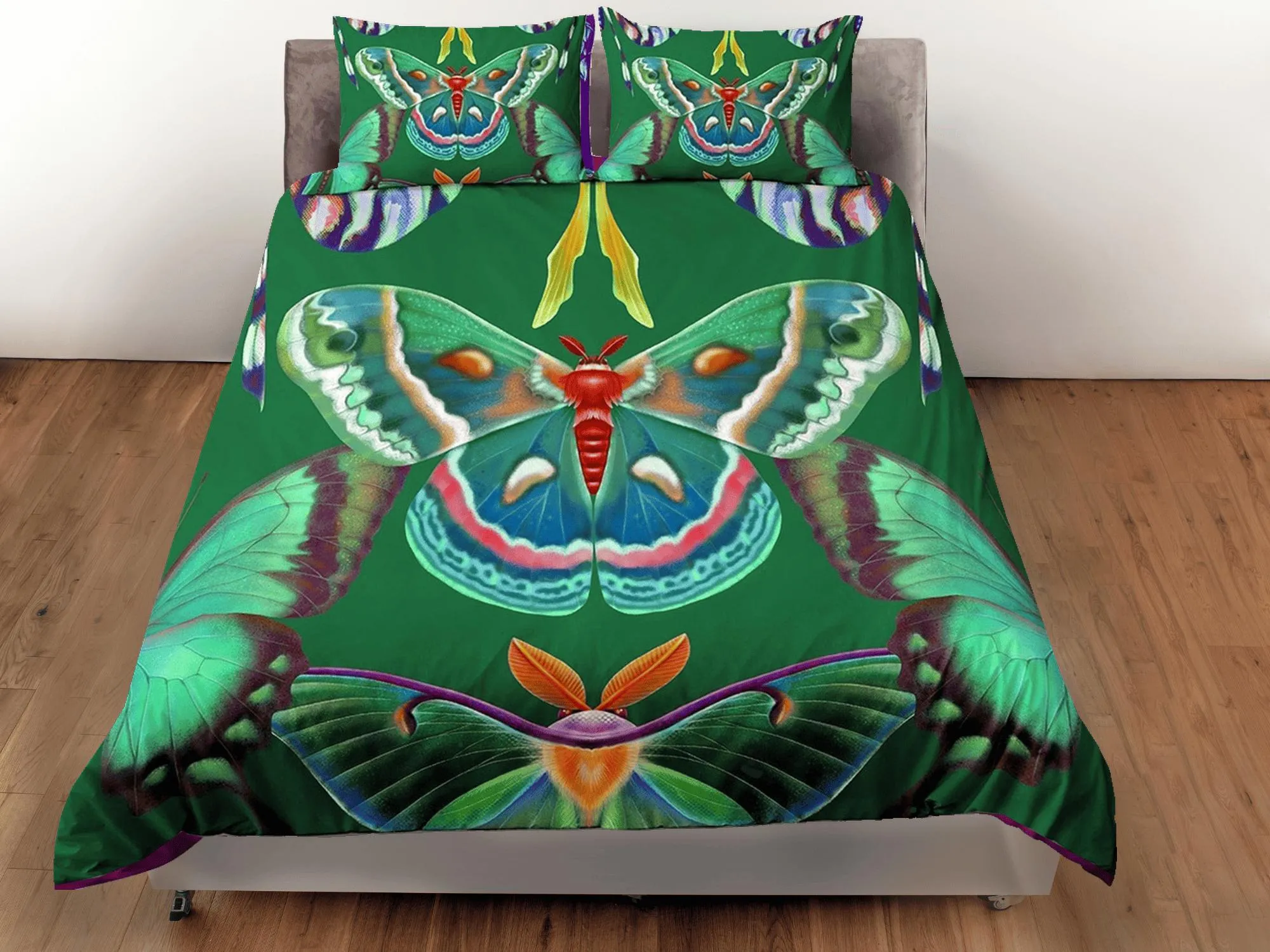 Celestial luna moth green bedding, witchy decor dorm bedding, aesthetic duvet, boho bedding set full king queen, astrology gifts, gothic art