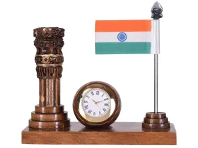 Craft King Wooden Ashok Stambh with Table Clock & Flag Stand (Brown)