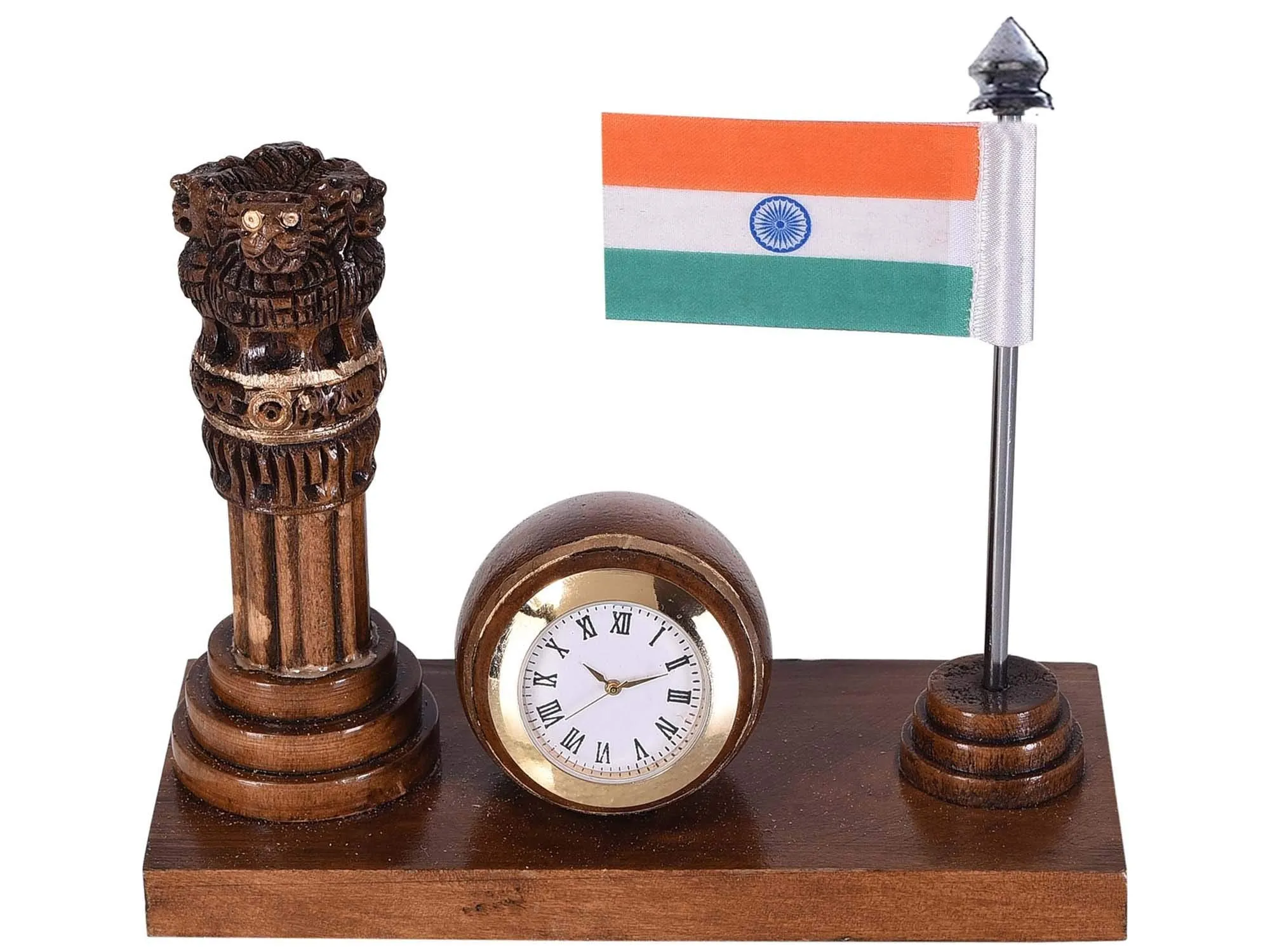 Craft King Wooden Ashok Stambh with Table Clock & Flag Stand (Brown)