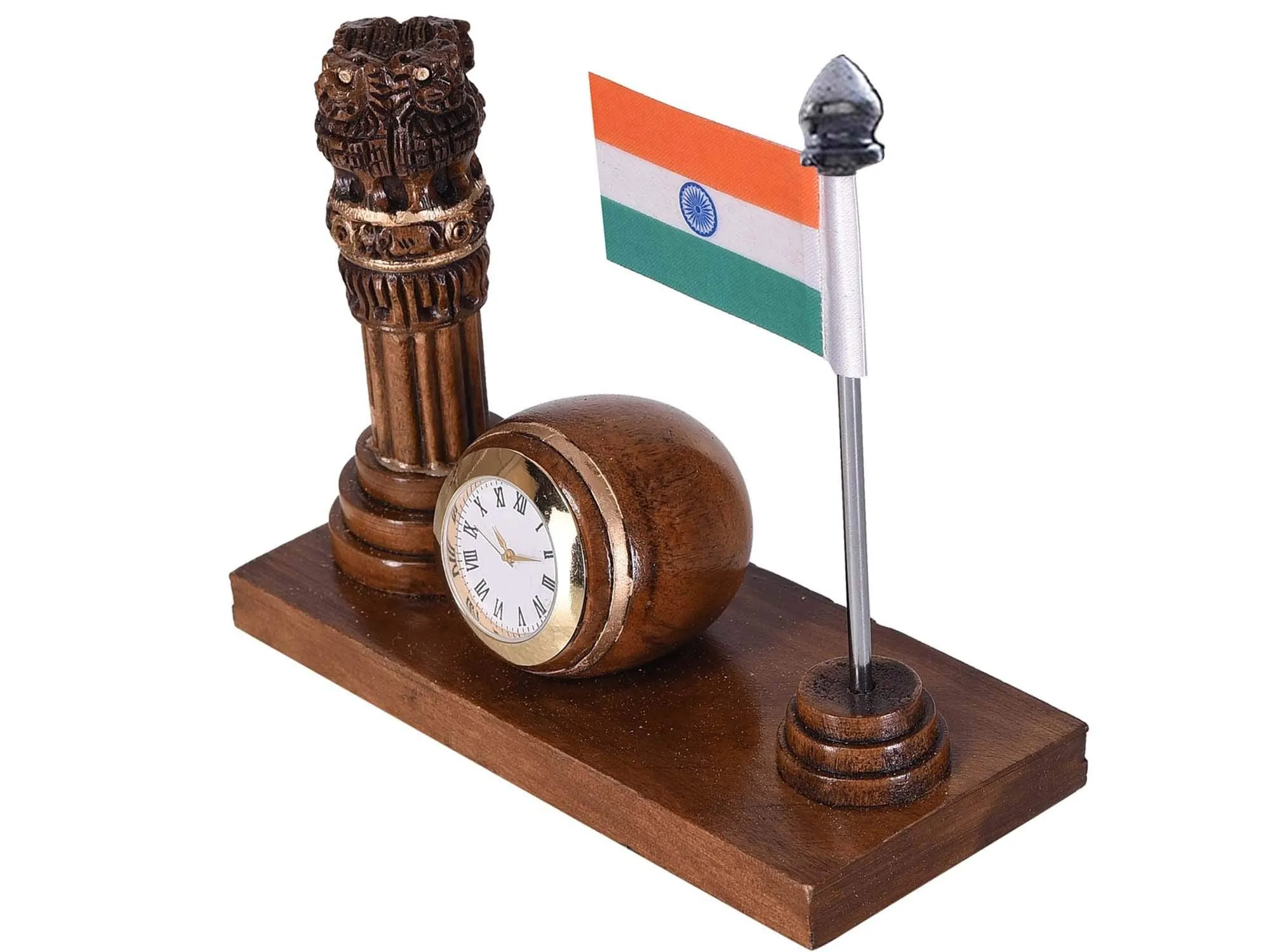 Craft King Wooden Ashok Stambh with Table Clock & Flag Stand (Brown)