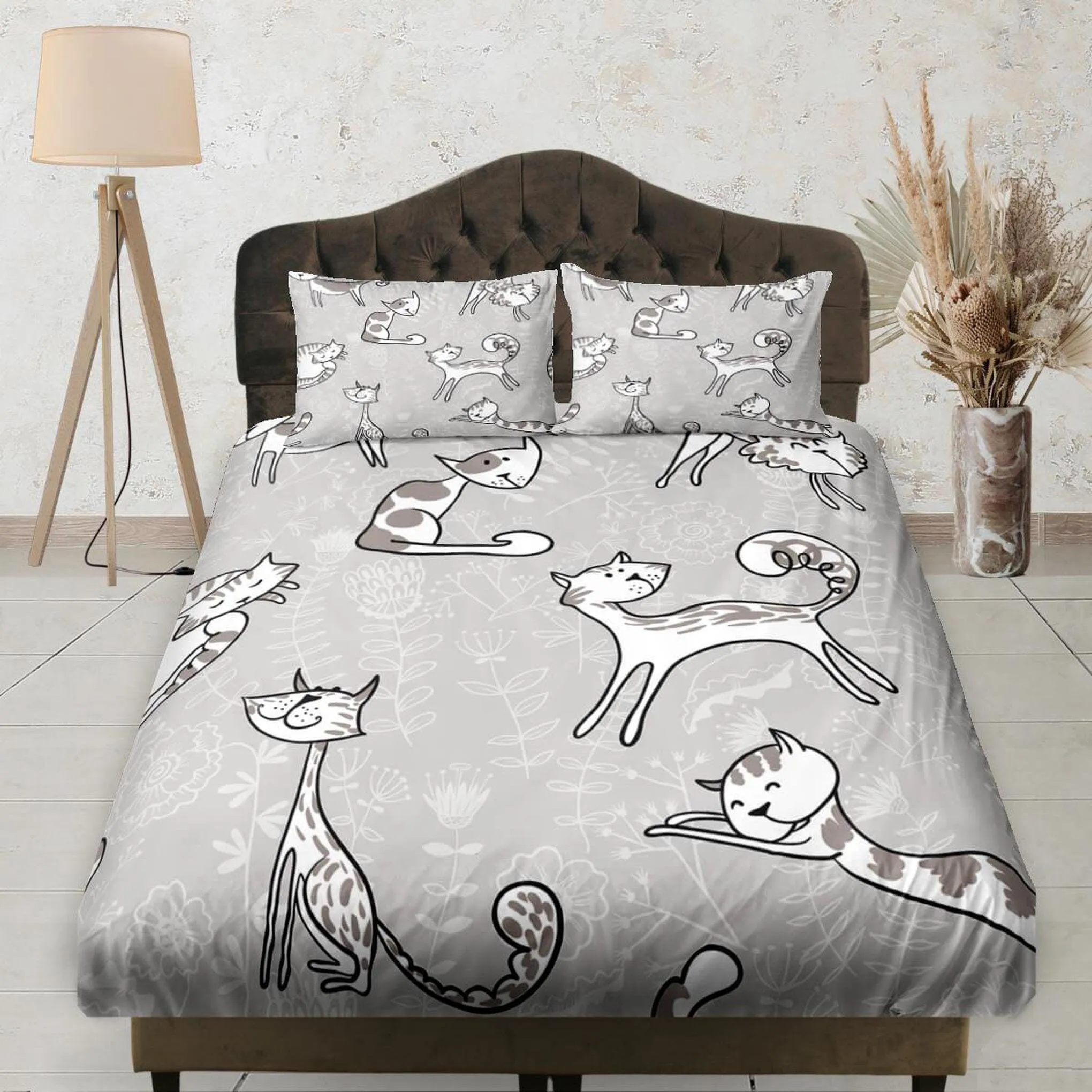 Cute Cats Floral Printed Grey Fitted Sheet Deep Pocket, Aesthetic Bedding Set Full, Elastic Bedsheet, Dorm Bedding, Crib Sheet, King, Queen