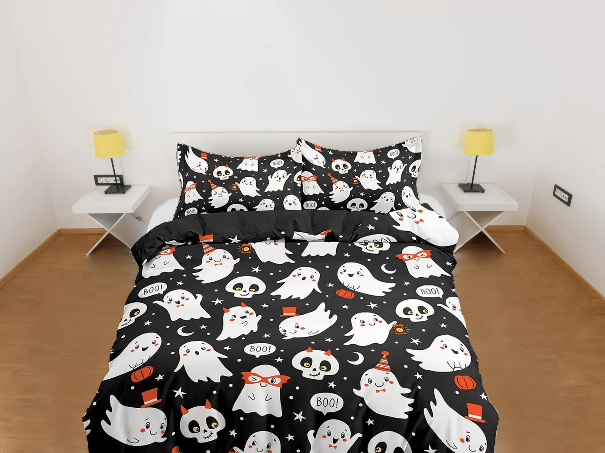 Cute ghost and skulls halloween bedding & pillowcase, black duvet cover, dorm bedding, goth bedding, halloween gift, toddler bedding