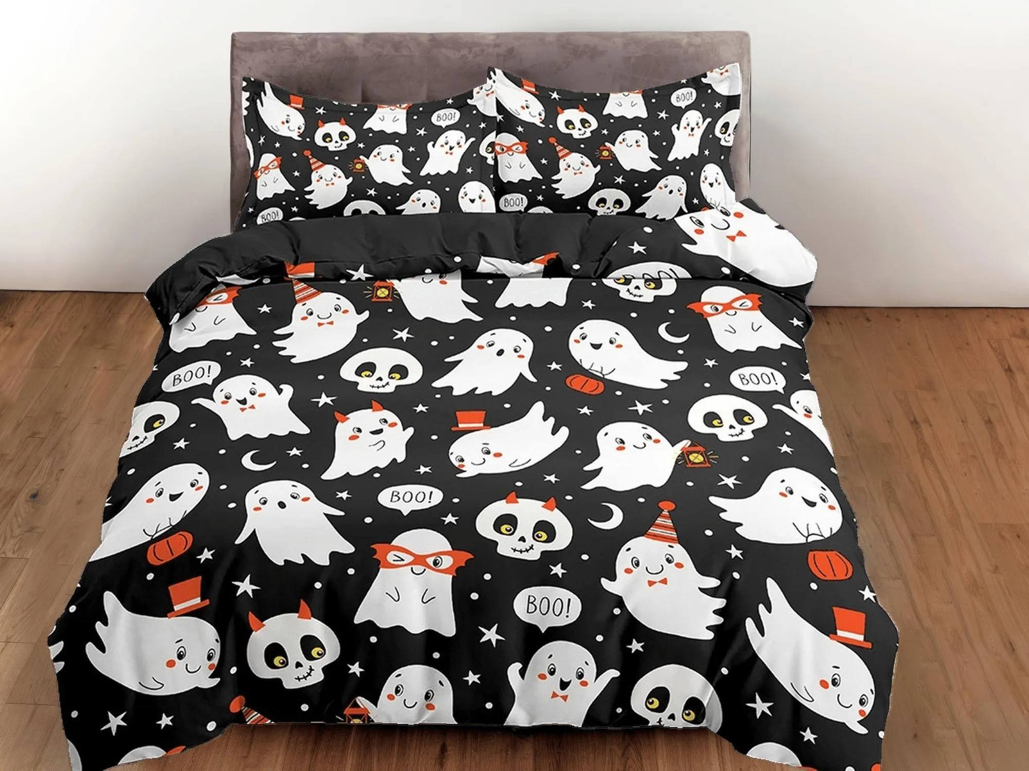 Cute ghost and skulls halloween bedding & pillowcase, black duvet cover, dorm bedding, goth bedding, halloween gift, toddler bedding