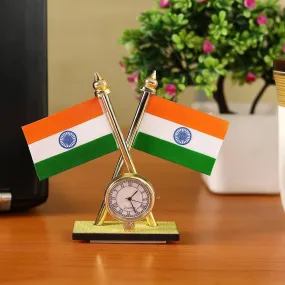 DIGSMORDEN India Cross Design Flags with Clock for Car Dashboard, Home, Study Table, Office Desk, Other