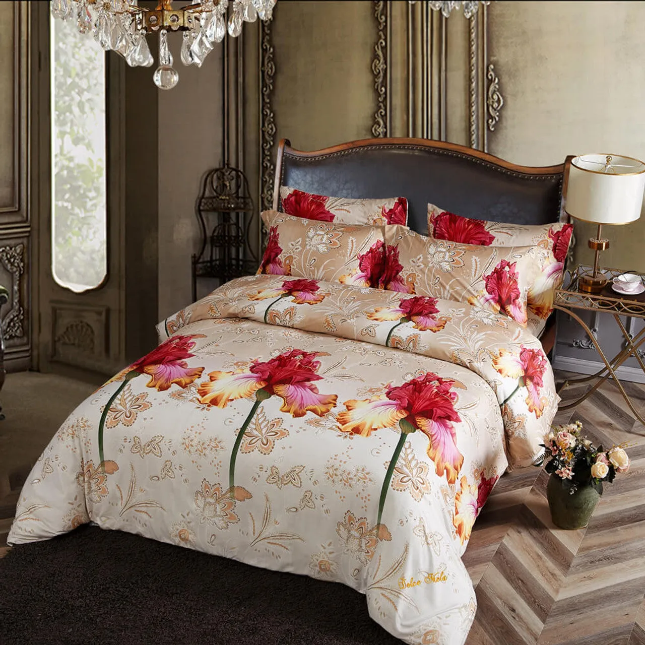 Dolce Mela Queen Size 6 Piece Luxury Floral Bedding Duvet Cover Set - Orchid