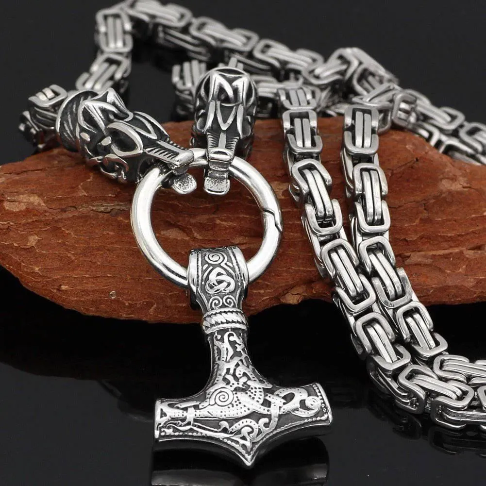 Fenrir's Bite Ring Heavy Chain with Mjölnir - Stainless Steel