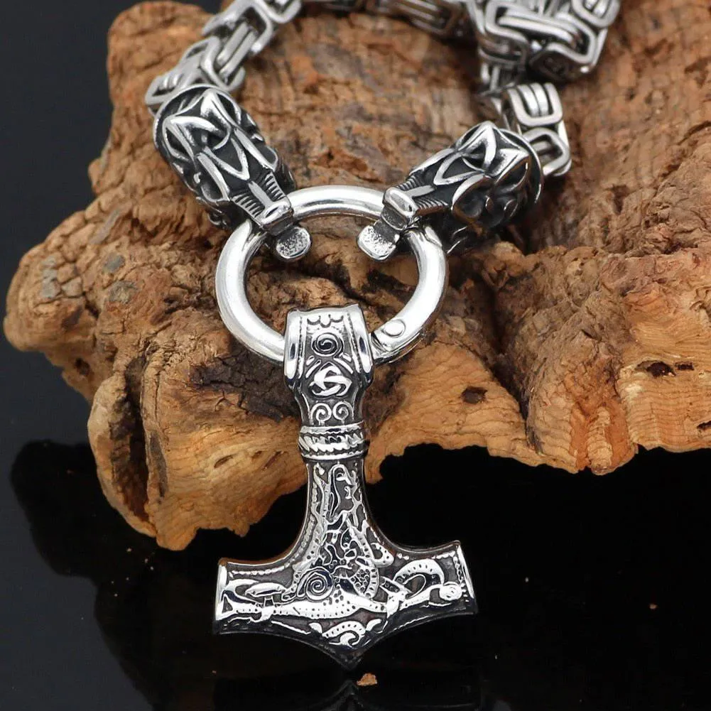 Fenrir's Bite Ring Heavy Chain with Mjölnir - Stainless Steel