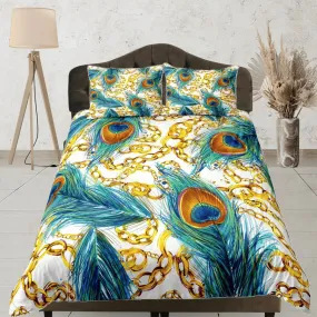 Gold chains and peacock decor aesthetic bedding set full, luxury duvet cover queen, king, boho duvet, designer bedding, maximalist bedspread