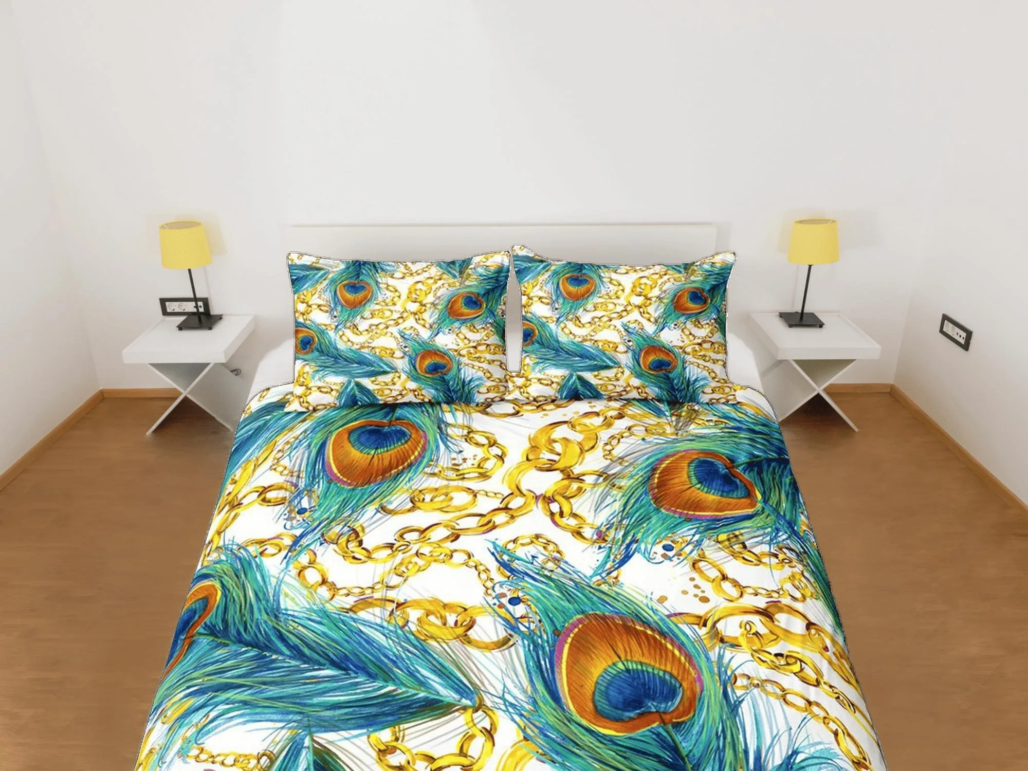 Gold chains and peacock decor aesthetic bedding set full, luxury duvet cover queen, king, boho duvet, designer bedding, maximalist bedspread