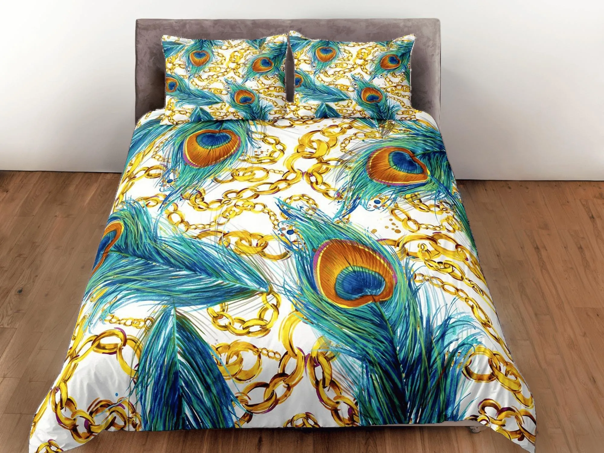 Gold chains and peacock decor aesthetic bedding set full, luxury duvet cover queen, king, boho duvet, designer bedding, maximalist bedspread