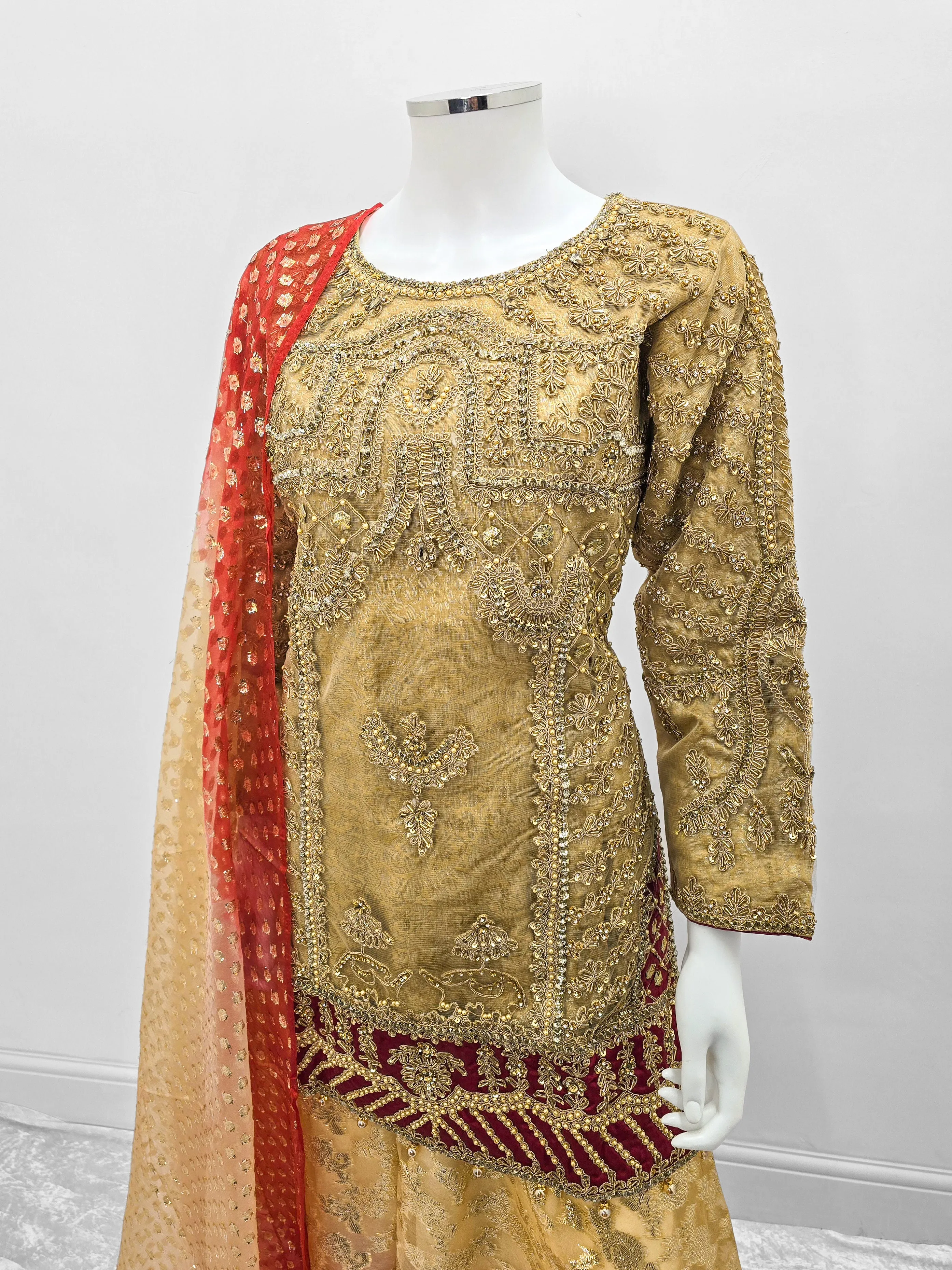 Gold Embroidered Net Suit with Sharara